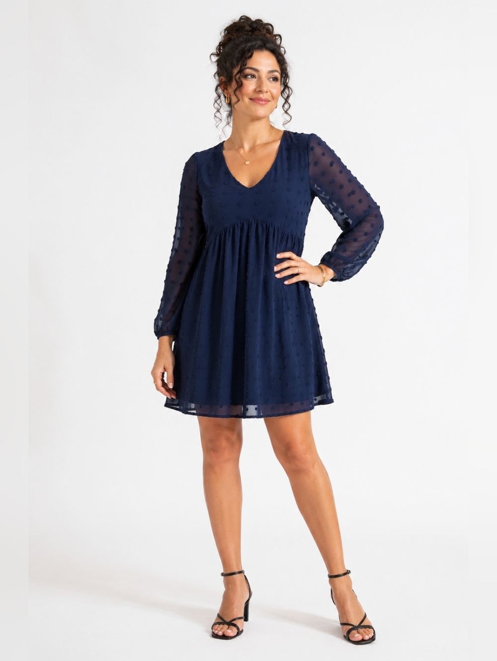 Kirundo Navy Swiss Dot Babydoll Dress Sheer Long Sleeve Romantic NWT L